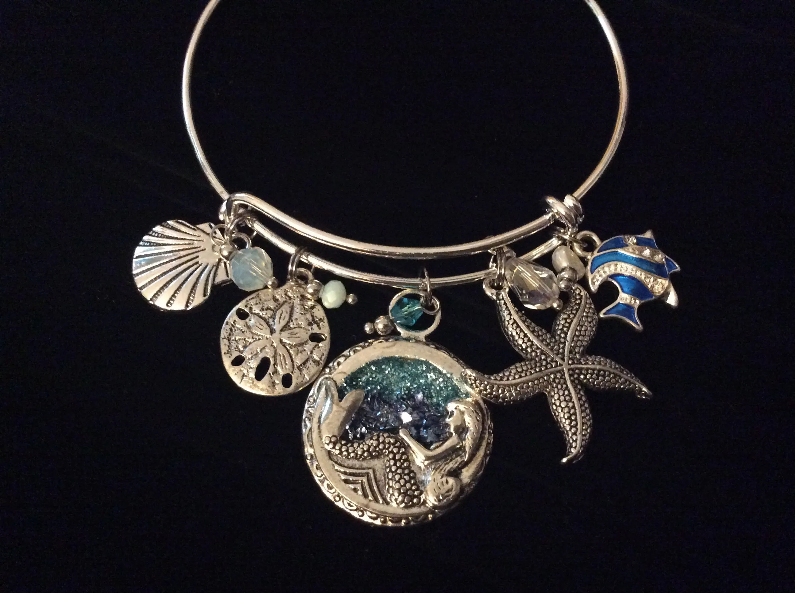 Mermaid Dream Crystal Sea Nautical Jewelry Silver Expandable Charm Bracelet Adjustable Bangle One Size Fits All Gift Sand Dollar Sea Shell Star Fish Blue Fish