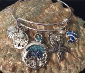 Mermaid Dream Crystal Sea Nautical Jewelry Silver Expandable Charm Bracelet Adjustable Bangle One Size Fits All Gift Sand Dollar Sea Shell Star Fish Blue Fish