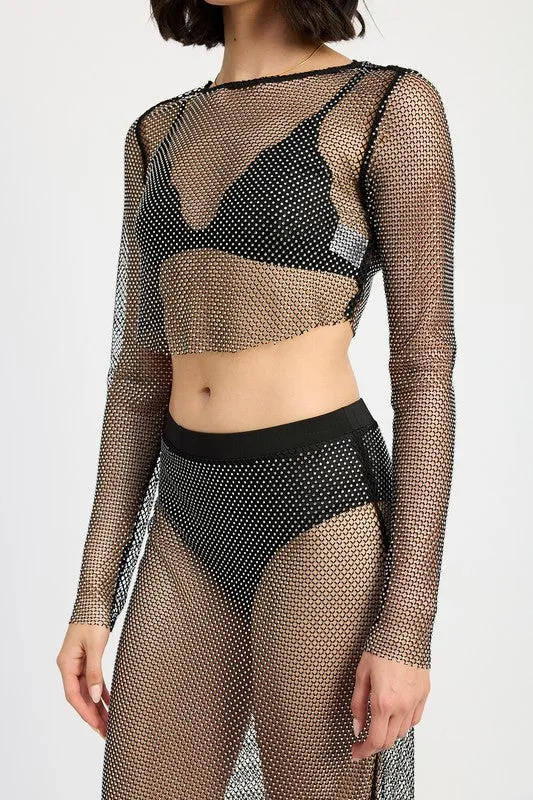 Mesh Rhinestone Cropped Long Sleeve