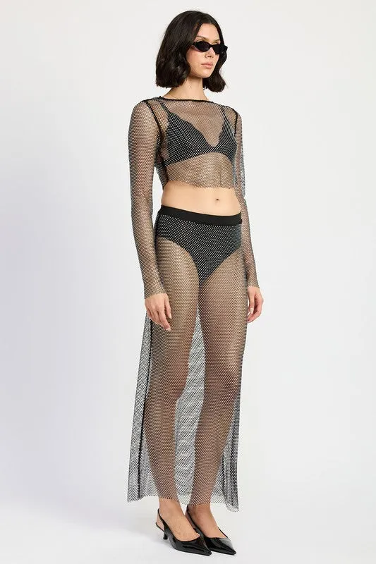 Mesh Rhinestone Cropped Long Sleeve