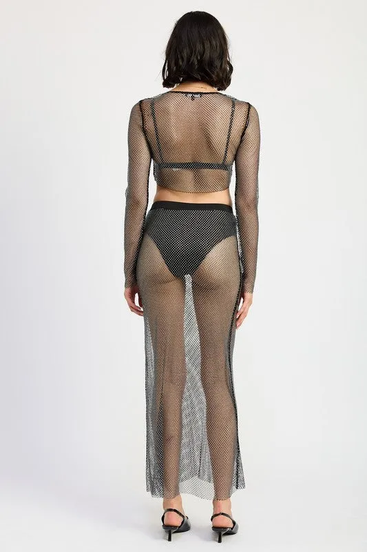 Mesh Rhinestone Cropped Long Sleeve