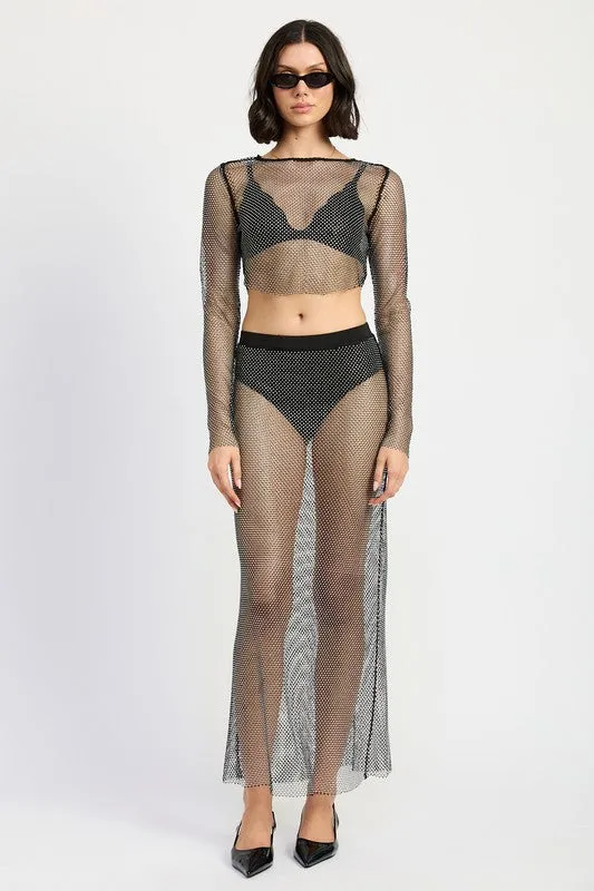 Mesh Rhinestone Cropped Long Sleeve