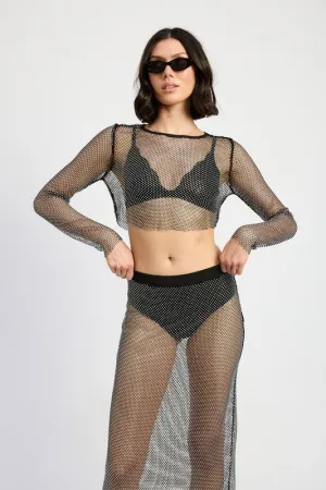 Mesh Rhinestone Cropped Long Sleeve