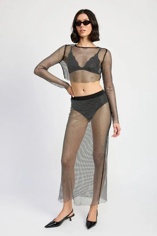 Mesh Rhinestone Cropped Long Sleeve