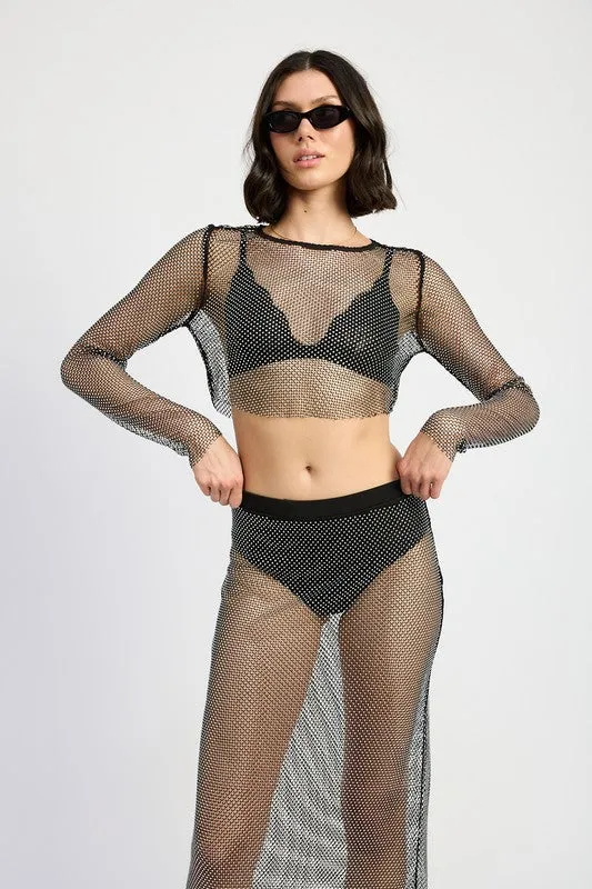 Mesh Rhinestone Cropped Long Sleeve