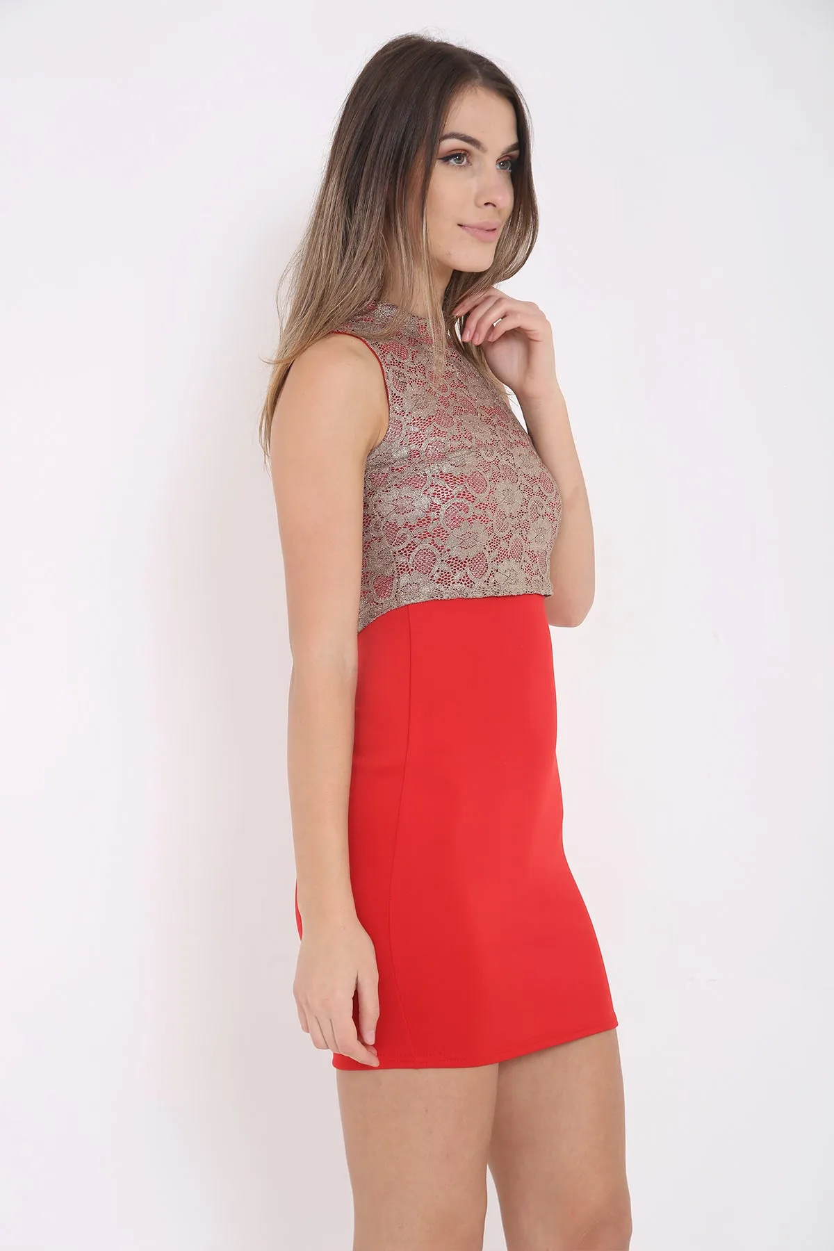 Metallic Floral Lace Overlay Bodycon Dress