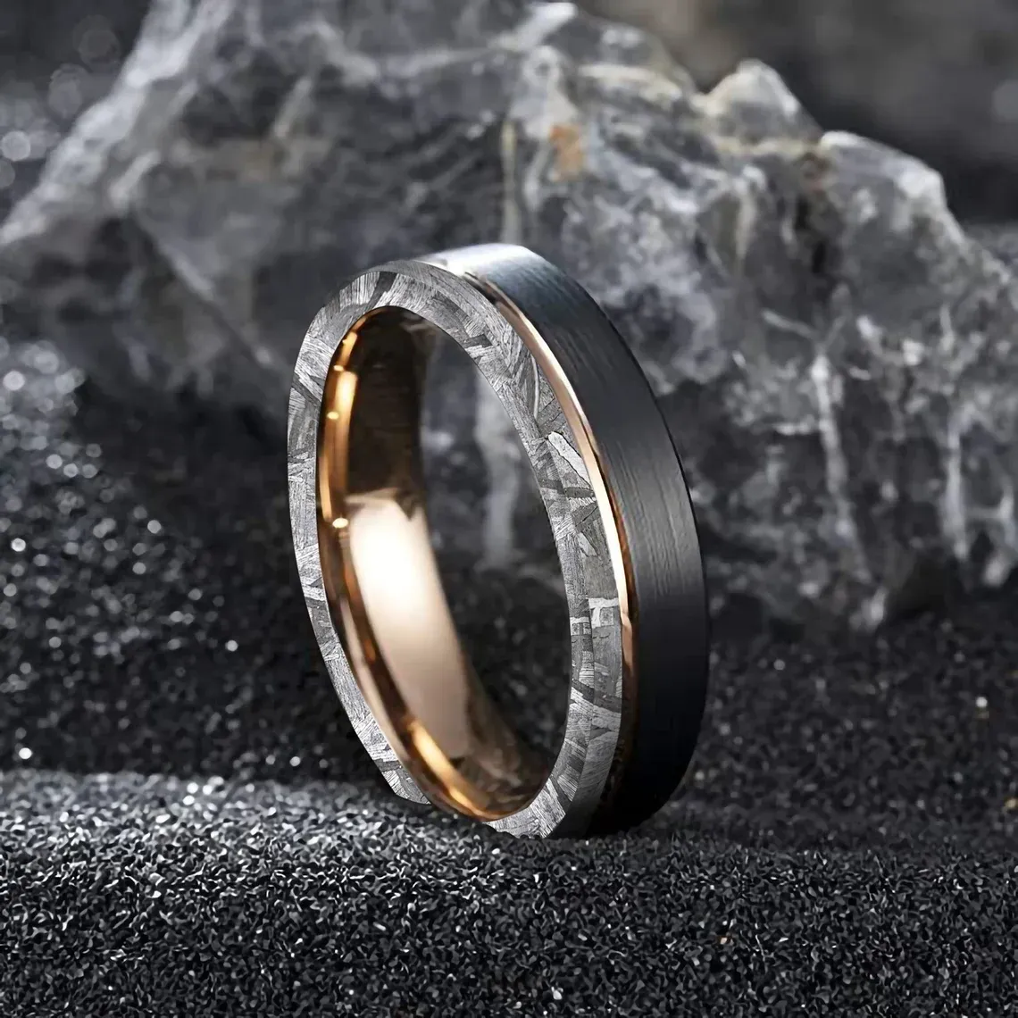 Meteorite Ring Tungsten Black & Gold Wedding Band