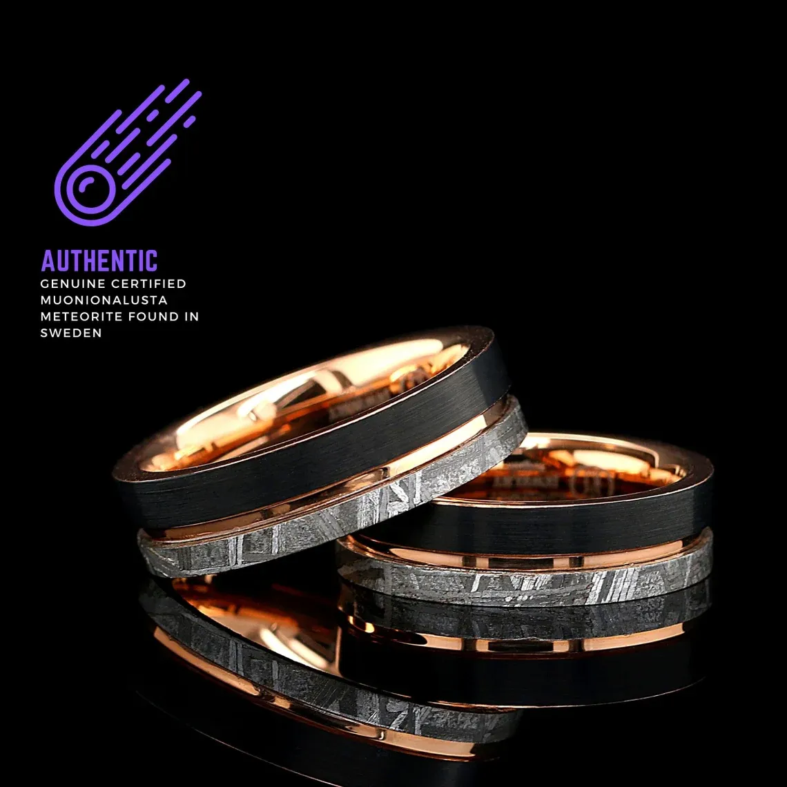 Meteorite Ring Tungsten Black & Gold Wedding Band