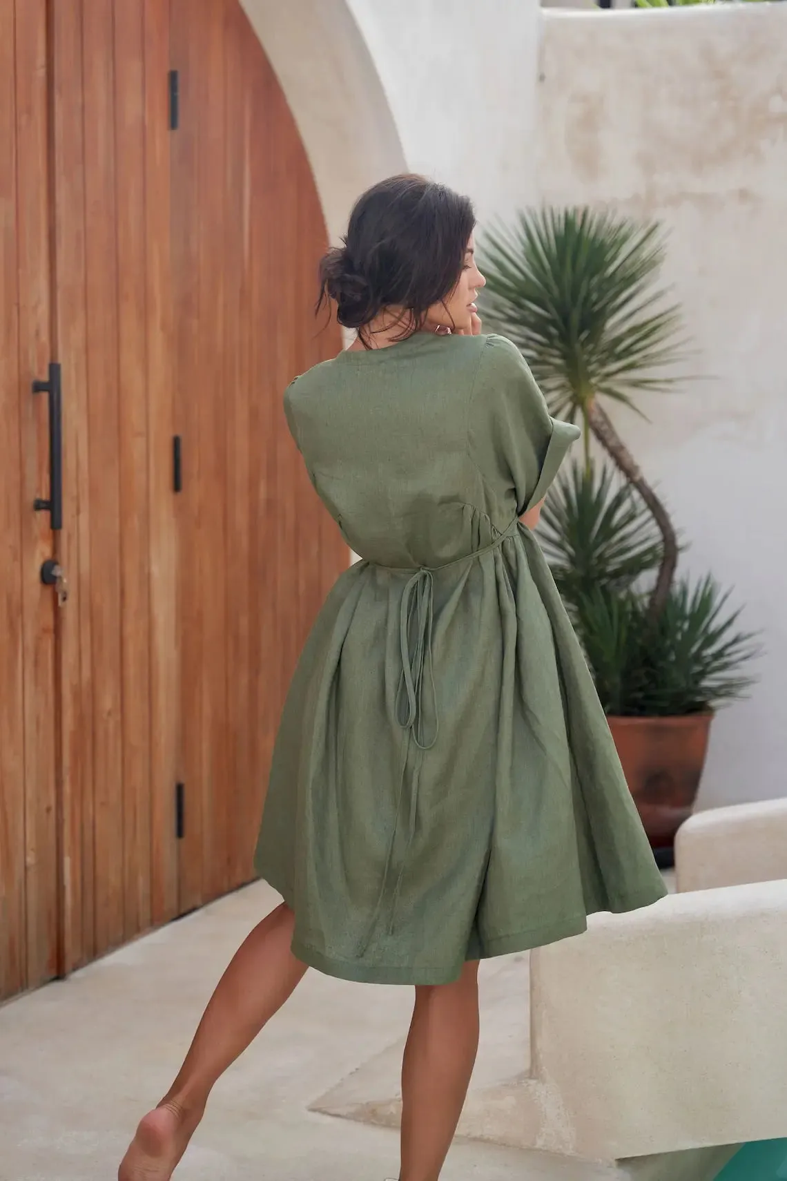 Midi Tie Waist Boho linen dress by Soelis