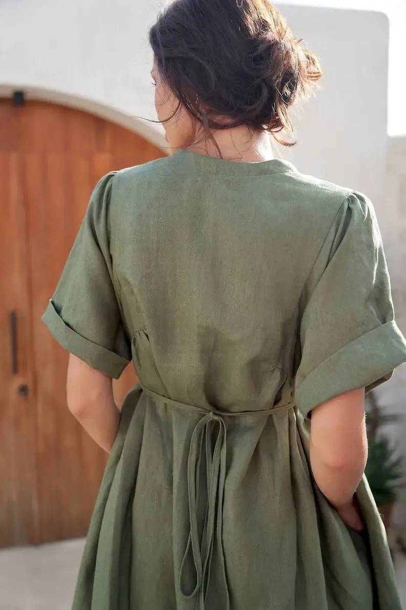 Midi Tie Waist Boho linen dress by Soelis