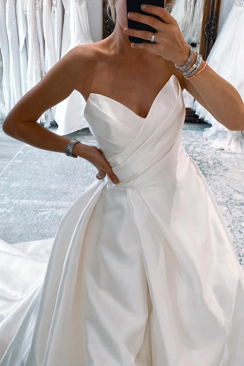 Milana | White Satin Long A-Line Wedding Dress with Slit