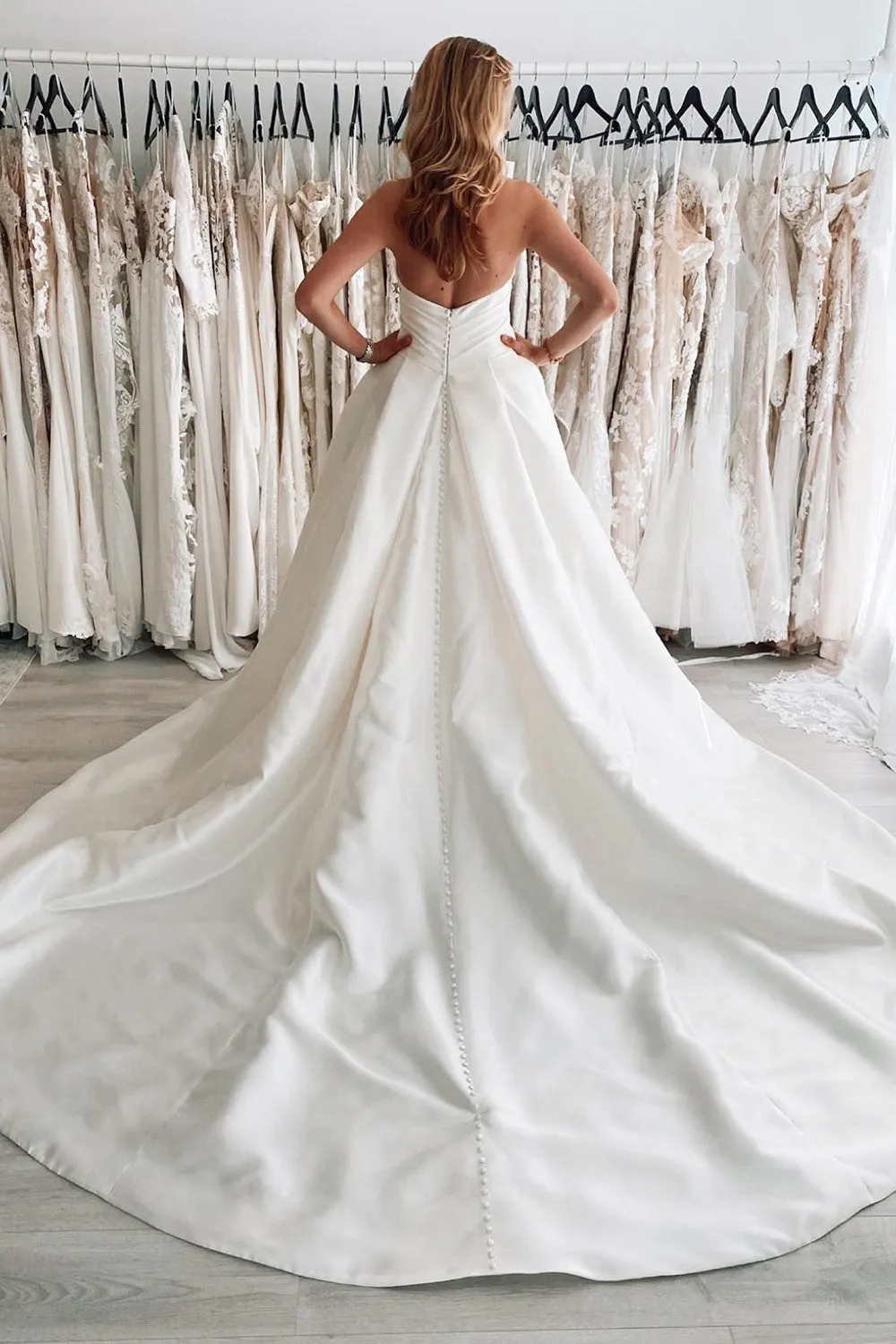 Milana | White Satin Long A-Line Wedding Dress with Slit