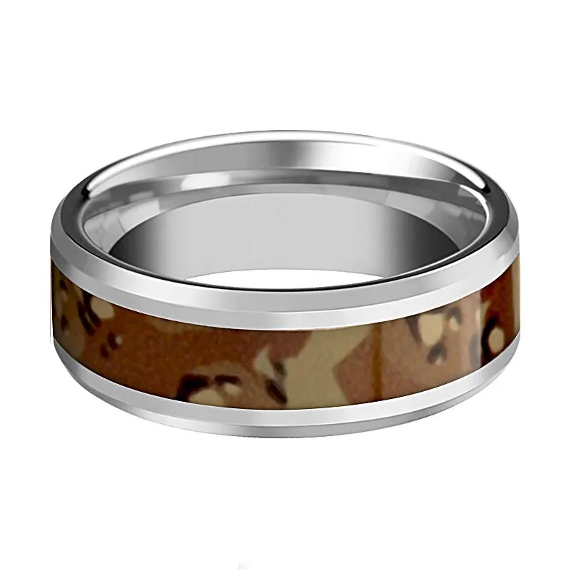 Military Camo Ring - Men's Tungsten Wedding Band W/ Desert Camouflage Inlay and Bevels - 8MM