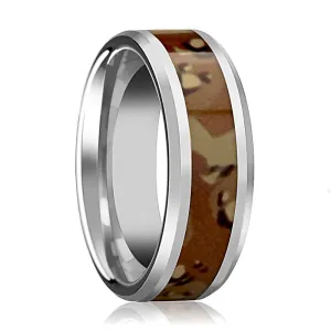 Military Camo Ring - Men's Tungsten Wedding Band W/ Desert Camouflage Inlay and Bevels - 8MM
