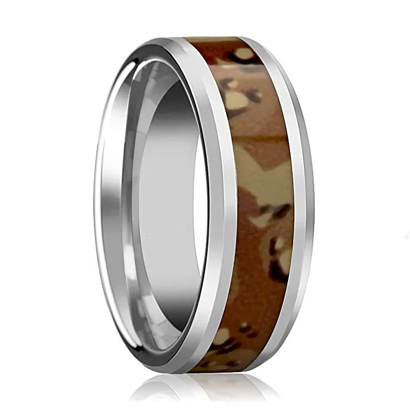 Military Camo Ring - Men's Tungsten Wedding Band W/ Desert Camouflage Inlay and Bevels - 8MM