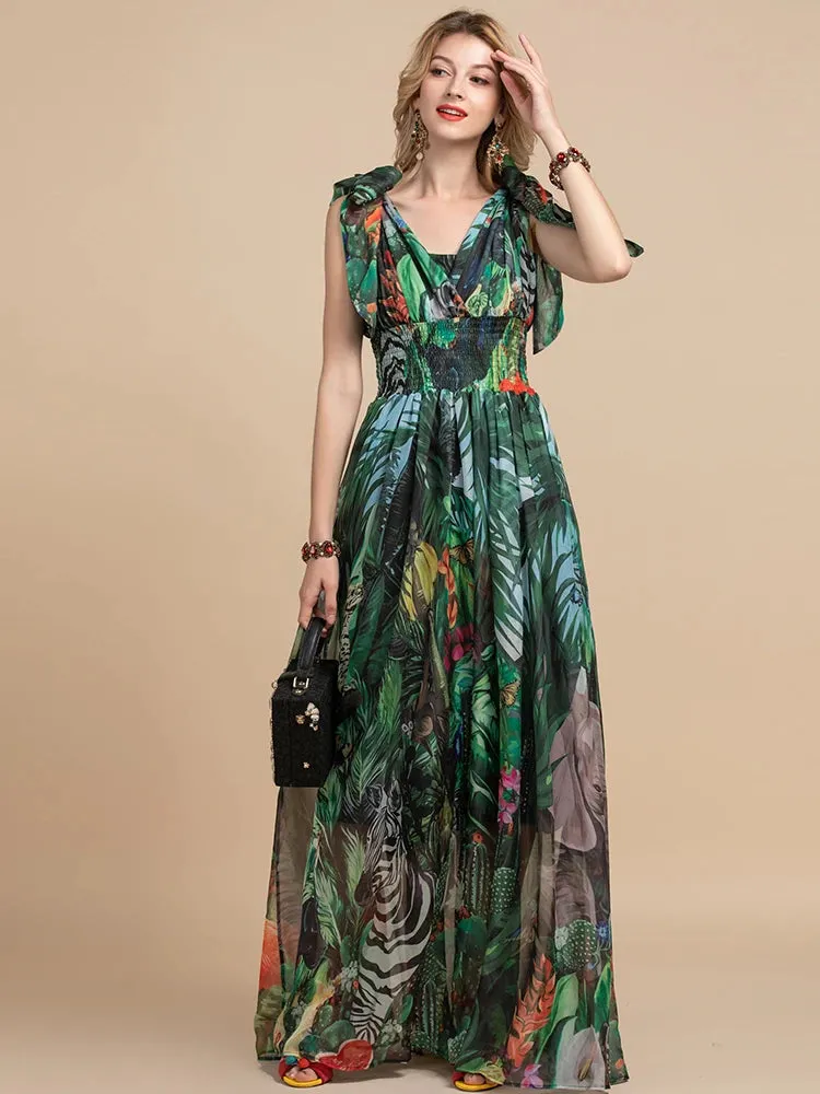 Mina V-Neck elastic Vintage Floral Print Holiday Boho Maxi Dress