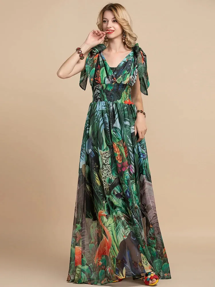 Mina V-Neck elastic Vintage Floral Print Holiday Boho Maxi Dress