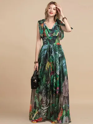 Mina V-Neck elastic Vintage Floral Print Holiday Boho Maxi Dress