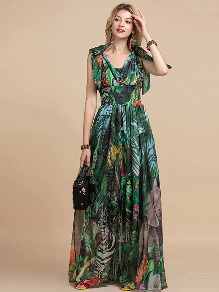 Mina V-Neck elastic Vintage Floral Print Holiday Boho Maxi Dress