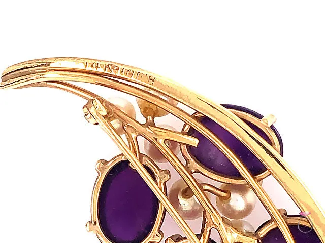 Ming's Hawaii Amethyst & Akoya Pearl 14k Yellow Gold Floral Brooch
