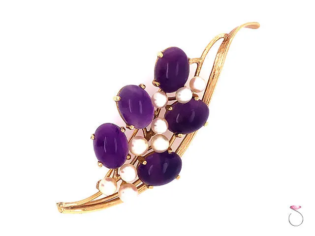 Ming's Hawaii Amethyst & Akoya Pearl 14k Yellow Gold Floral Brooch