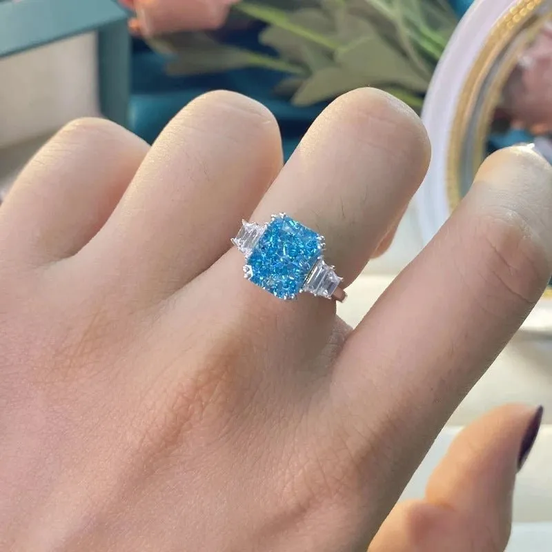 Moissanite Aquamarine Engagement Ring for Women Bridal Wedding Jewelry