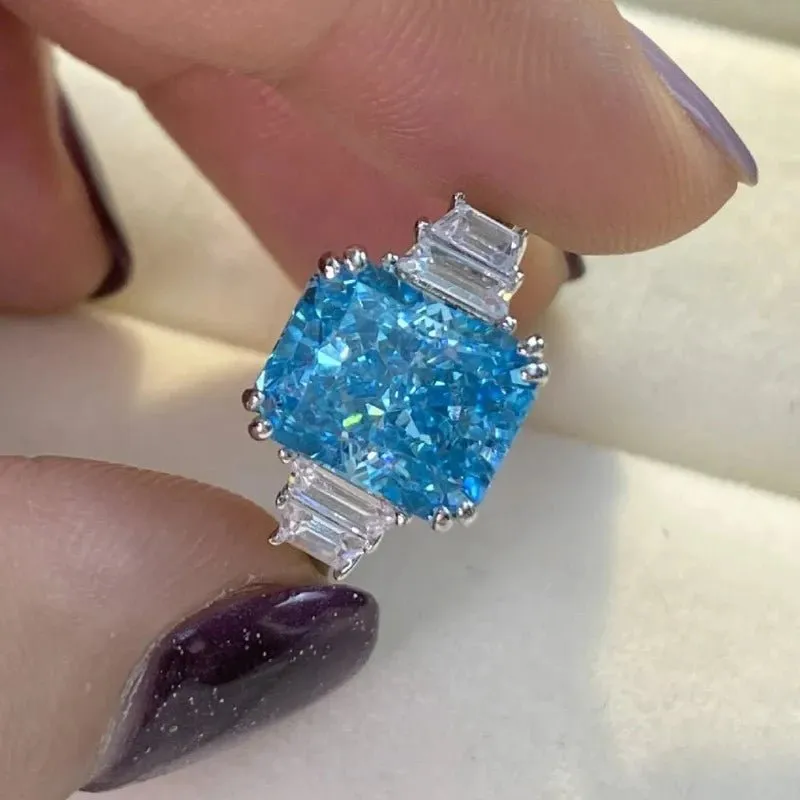 Moissanite Aquamarine Engagement Ring for Women Bridal Wedding Jewelry