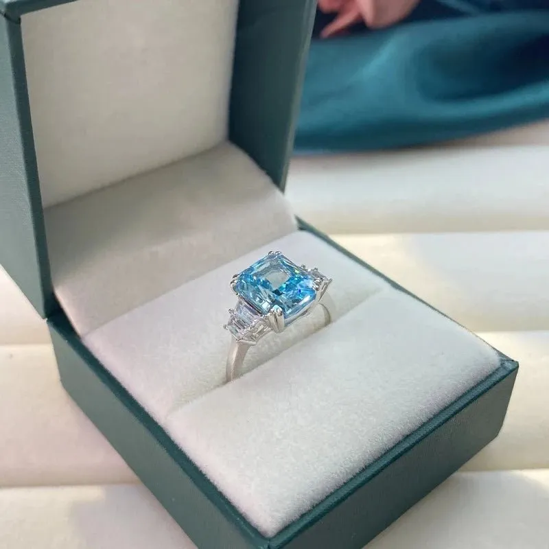 Moissanite Aquamarine Engagement Ring for Women Bridal Wedding Jewelry