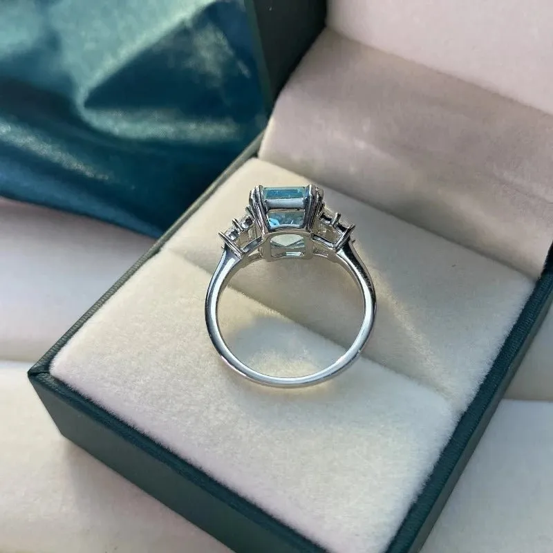 Moissanite Aquamarine Engagement Ring for Women Bridal Wedding Jewelry