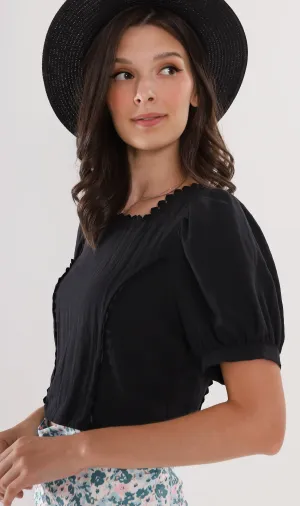 MOLLY Heart-Trimmed Puff-Sleeve Top (Black)