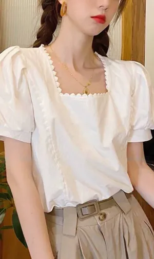 MOLLY Heart-Trimmed Puff-Sleeve Top (White)