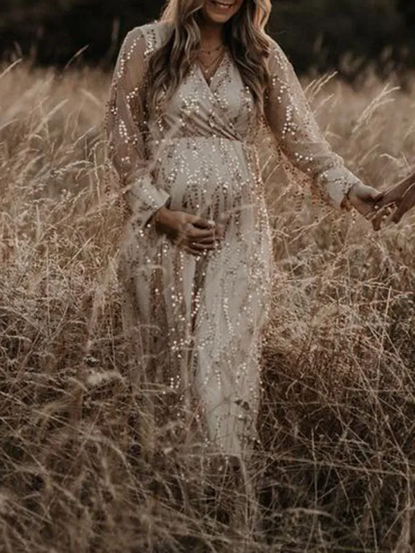 Momnfancy Apricot Sequin Tassel Tulle Ruched Cross Chest Multi Way Tie Back V-neck Elegant Boho Photoshoot Maternity Maxi Dress