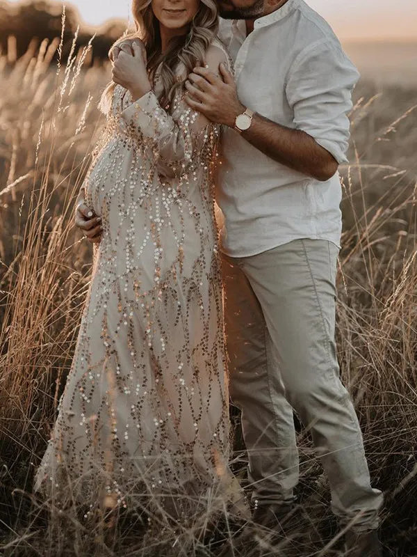 Momnfancy Apricot Sequin Tassel Tulle Ruched Cross Chest Multi Way Tie Back V-neck Elegant Boho Photoshoot Maternity Maxi Dress