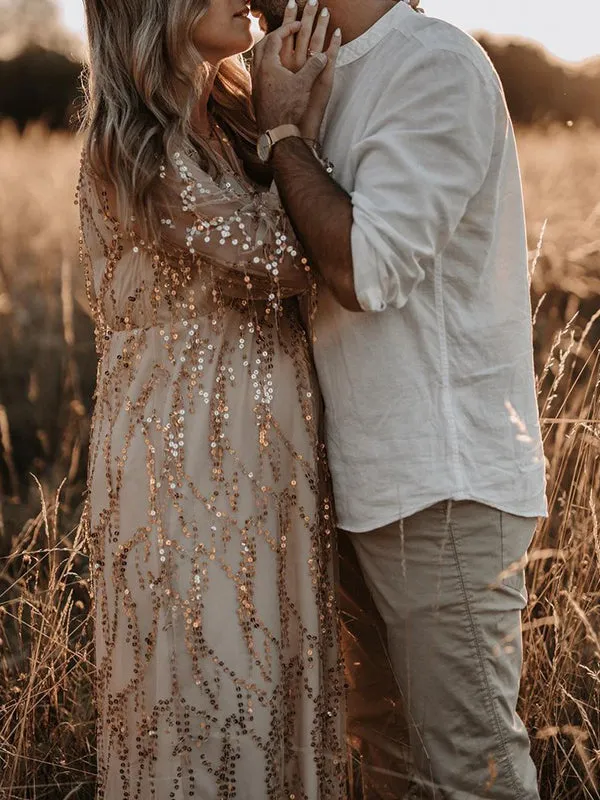 Momnfancy Apricot Sequin Tassel Tulle Ruched Cross Chest Multi Way Tie Back V-neck Elegant Boho Photoshoot Maternity Maxi Dress