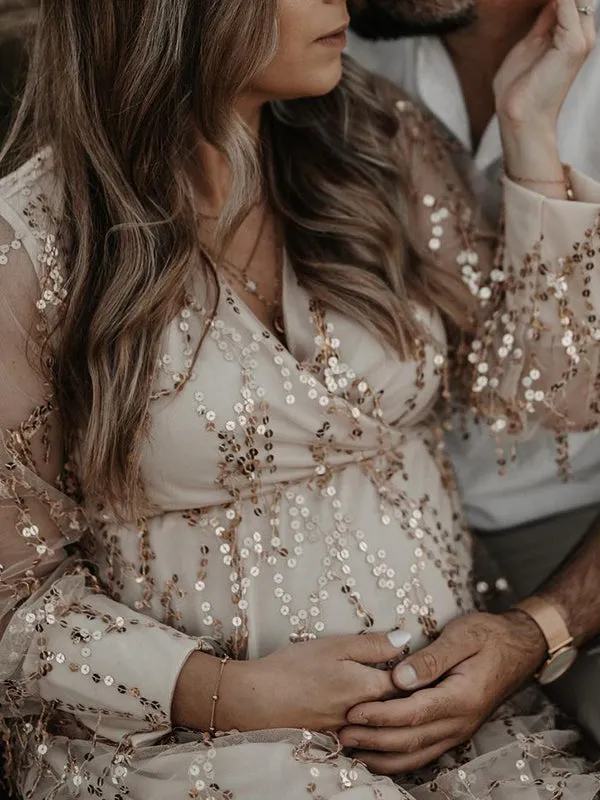 Momnfancy Apricot Sequin Tassel Tulle Ruched Cross Chest Multi Way Tie Back V-neck Elegant Boho Photoshoot Maternity Maxi Dress