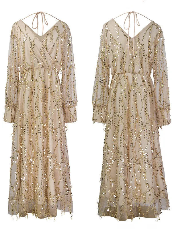Momnfancy Apricot Sequin Tassel Tulle Ruched Cross Chest Multi Way Tie Back V-neck Elegant Boho Photoshoot Maternity Maxi Dress