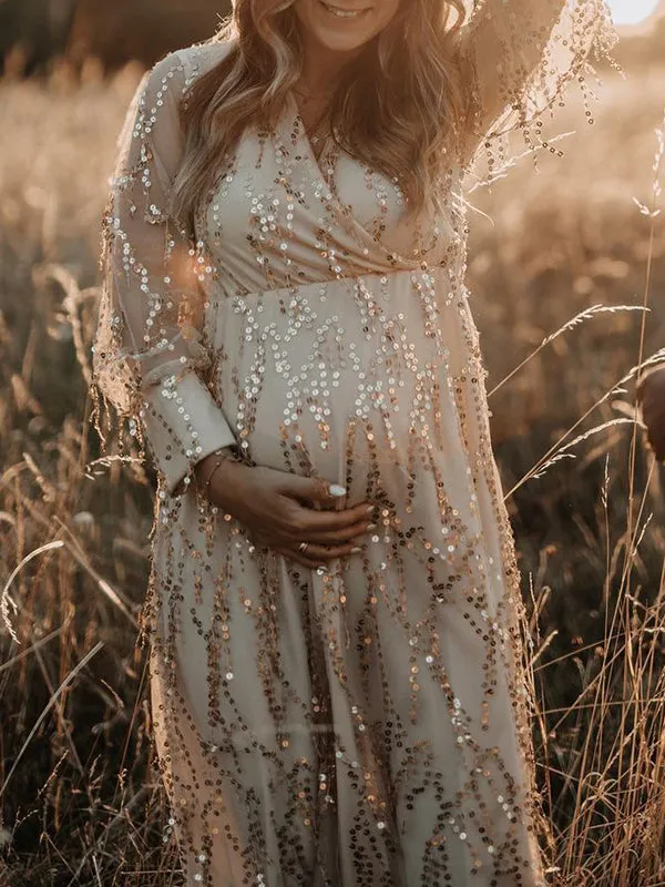 Momnfancy Apricot Sequin Tassel Tulle Ruched Cross Chest Multi Way Tie Back V-neck Elegant Boho Photoshoot Maternity Maxi Dress