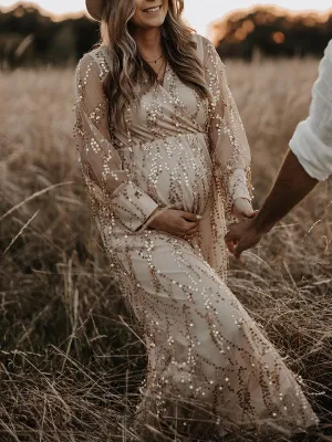 Momnfancy Apricot Sequin Tassel Tulle Ruched Cross Chest Multi Way Tie Back V-neck Elegant Boho Photoshoot Maternity Maxi Dress