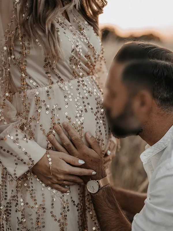 Momnfancy Apricot Sequin Tassel Tulle Ruched Cross Chest Multi Way Tie Back V-neck Elegant Boho Photoshoot Maternity Maxi Dress