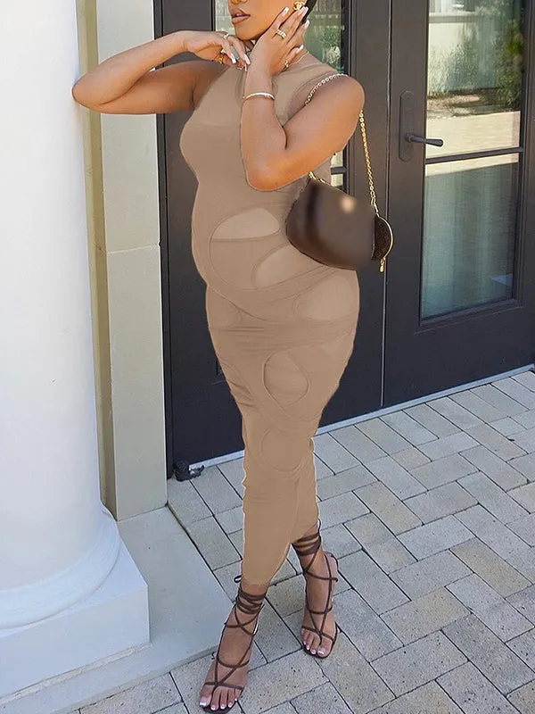 Momnfancy Mesh Cut Out Irregular Bodycon Round Neck Fashion Chic Baby Shower Maternity Maxi Dress