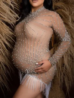 Momnfancy Mesh Rhinestone Pearl Tassel Irregular Bodycon Photoshoos Maternity Mini Dress