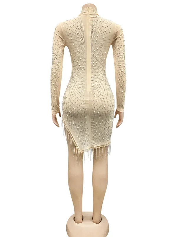 Momnfancy Mesh Rhinestone Pearl Tassel Irregular Bodycon Photoshoos Maternity Mini Dress