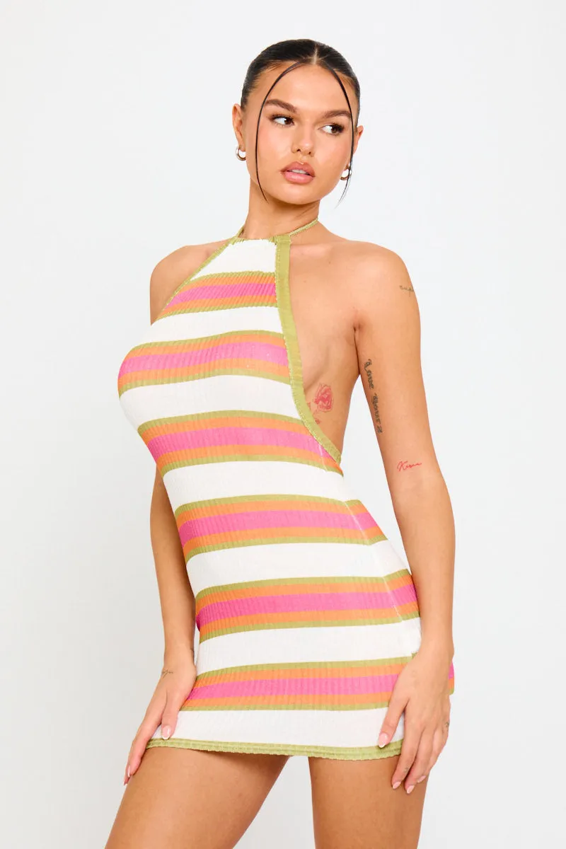 Multi Knit Stripe Halterneck Backless Mini Dress