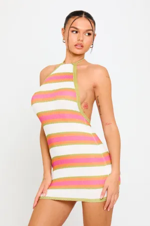 Multi Knit Stripe Halterneck Backless Mini Dress