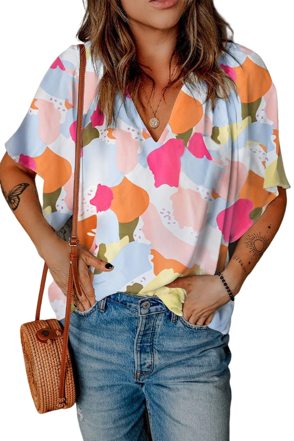 Multicolor Floral Print V Neck Half Sleeve Blouse