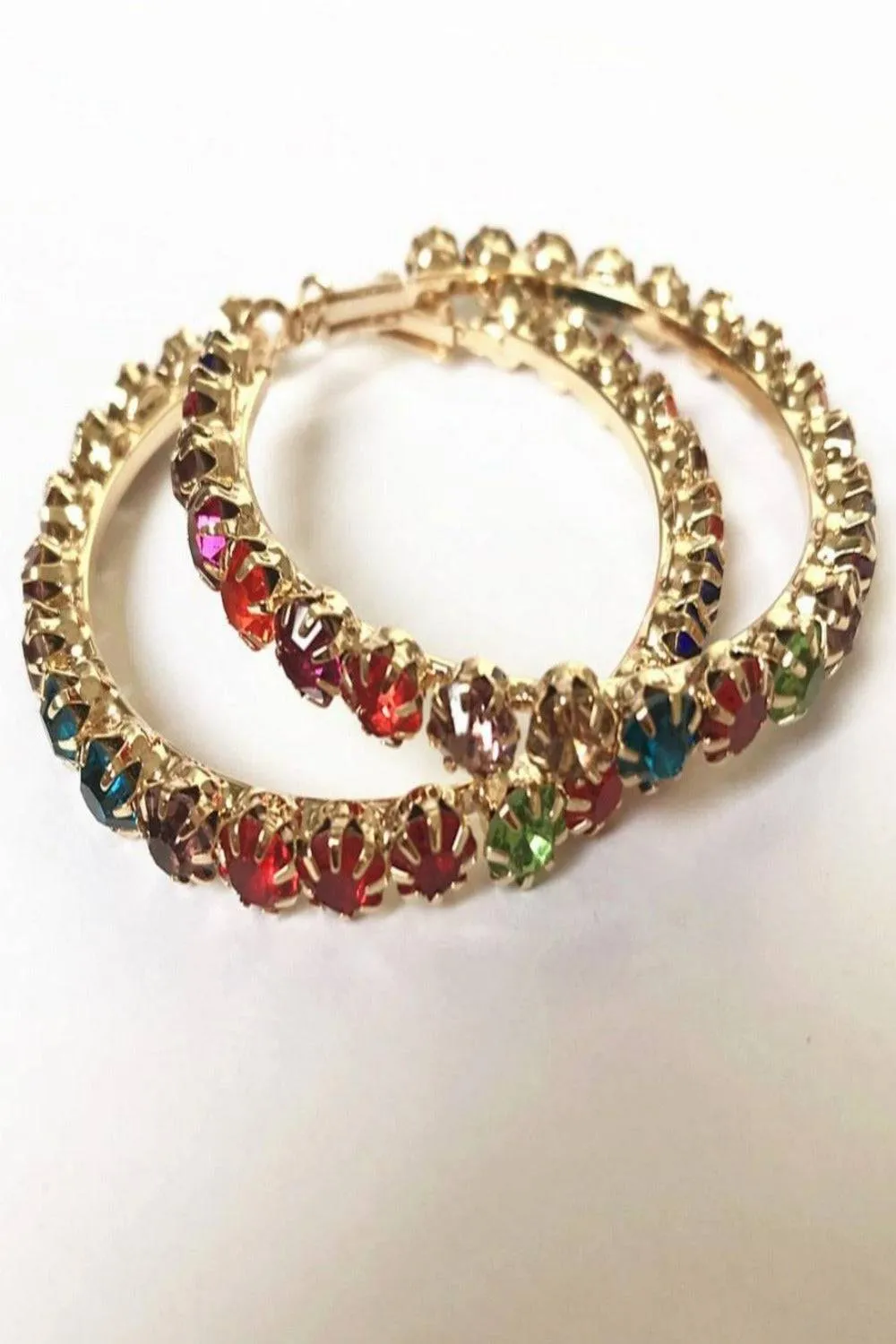 Multicolor Rainbow Rhinestone Round Big Hoop Earrings