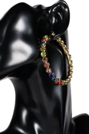 Multicolor Rainbow Rhinestone Round Big Hoop Earrings