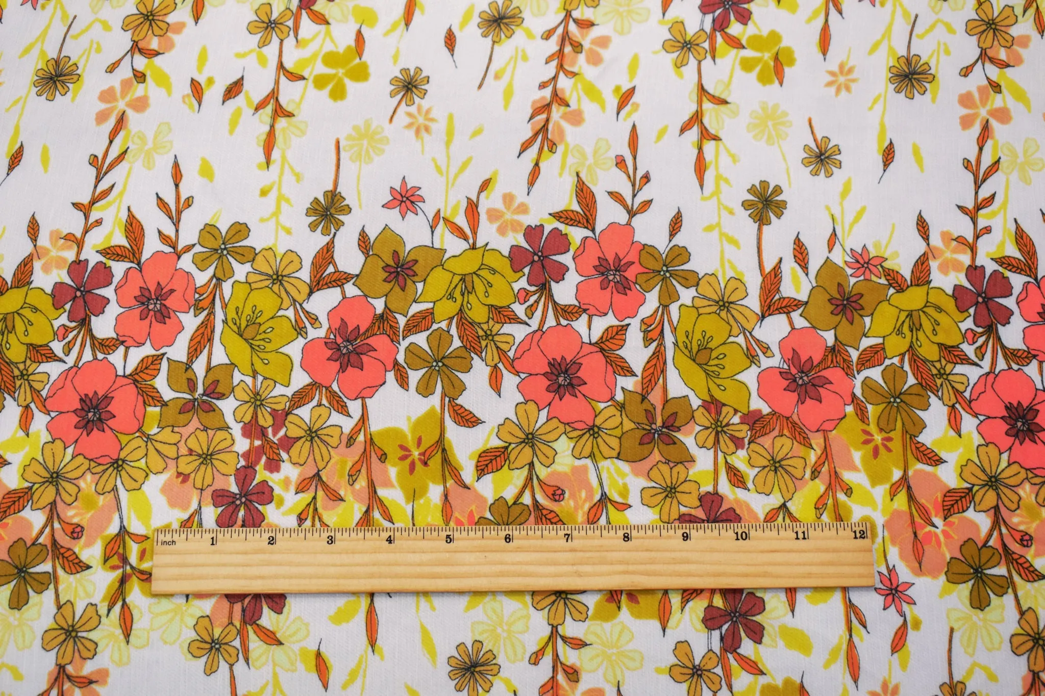 Mustard-Orange-Multi Poly Floral Printed Crinkled Yoryu Chiffon Woven Fabric