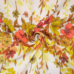 Mustard-Orange-Multi Poly Floral Printed Crinkled Yoryu Chiffon Woven Fabric