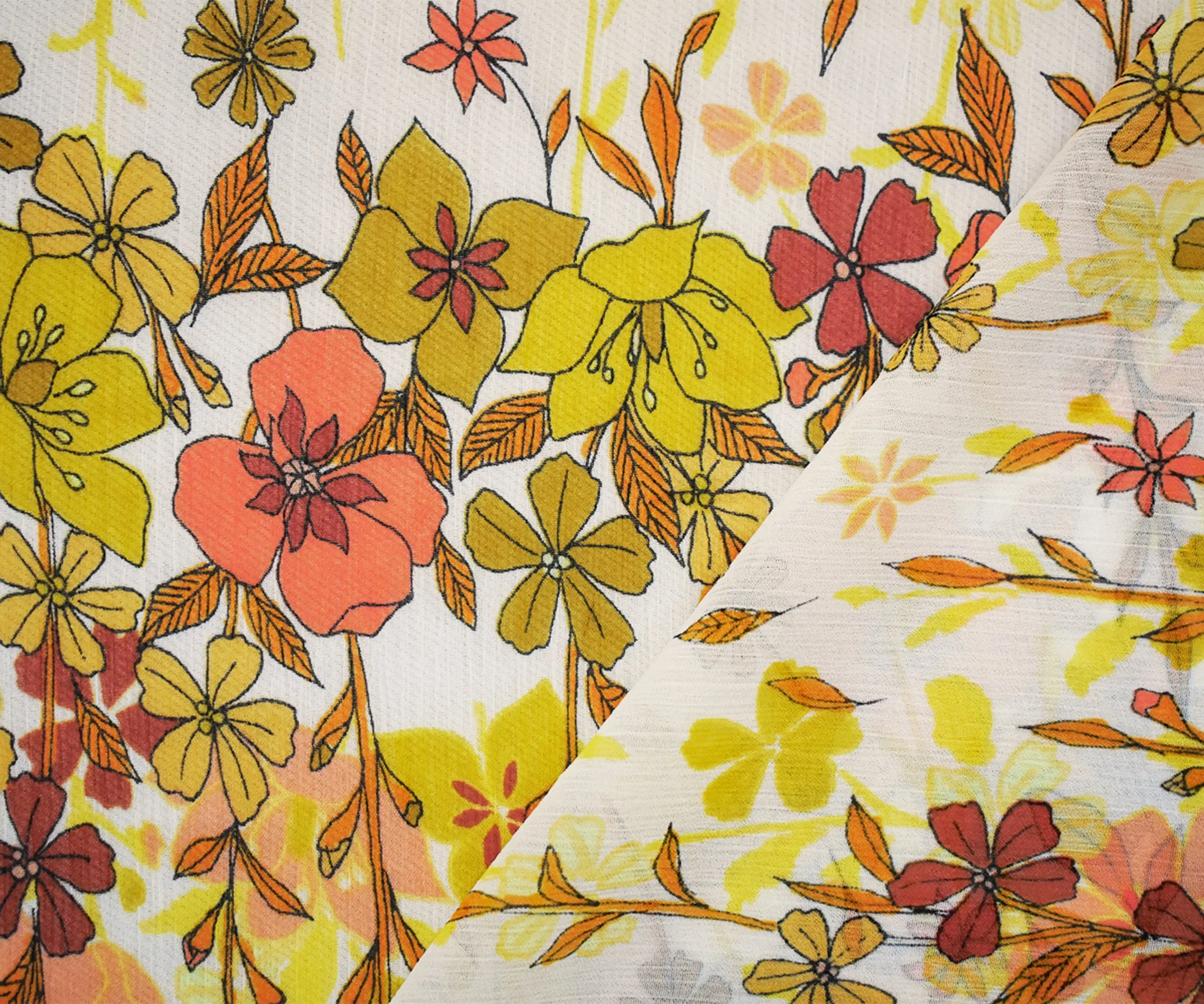 Mustard-Orange-Multi Poly Floral Printed Crinkled Yoryu Chiffon Woven Fabric